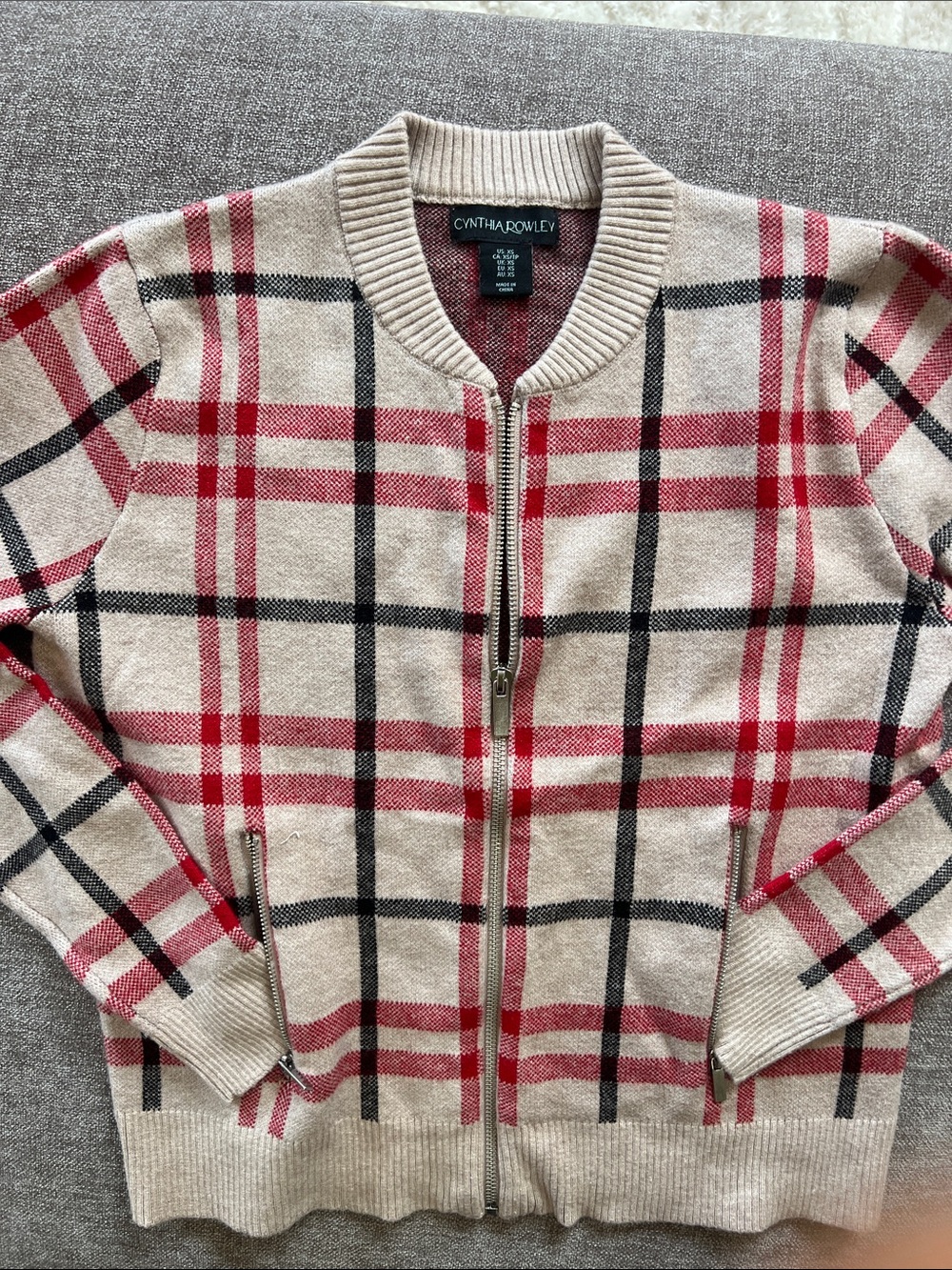 Cynthia Rowley Beige Plaid Zip-Up Sweater with Red and Black Accents